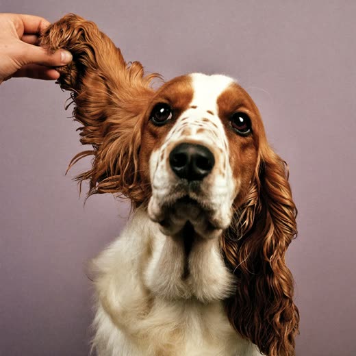 A spaniel having its ears and coat brushed